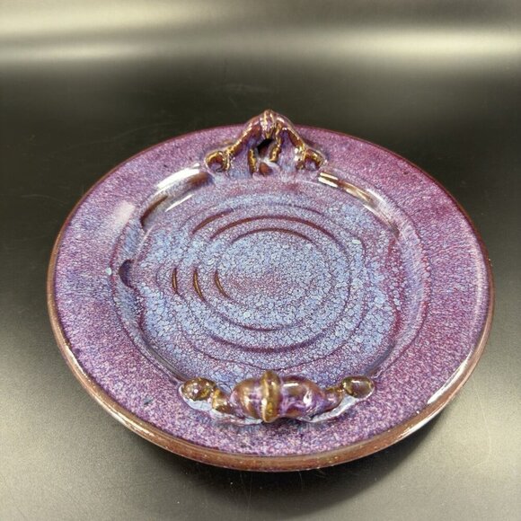 Hand Made Vintage Pottery Dish Tray With Handles Purple Drip Glaze Artist Signed - Picture 10 of 15
